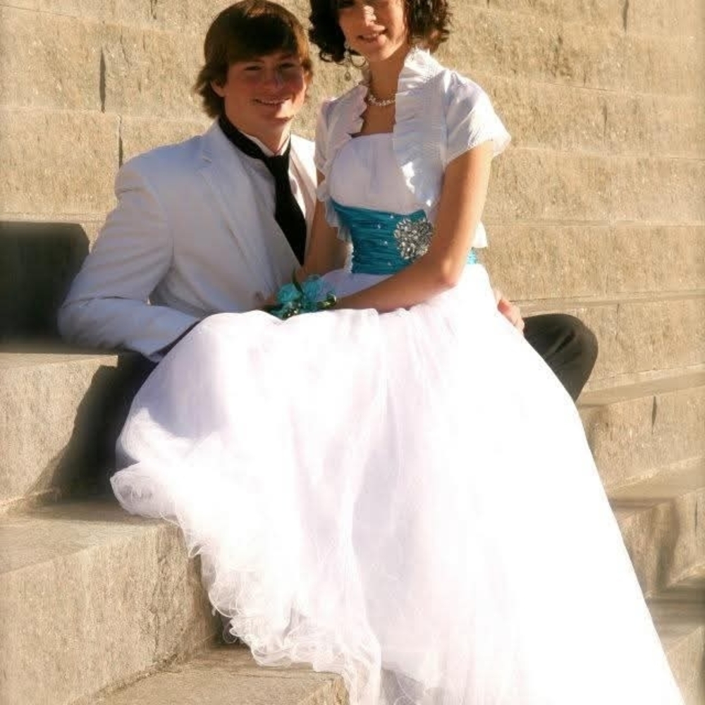 White Tulle Prom Dress Small | Turquoise Satin Waist | Rhinestone Detail - Picture 3 of 4